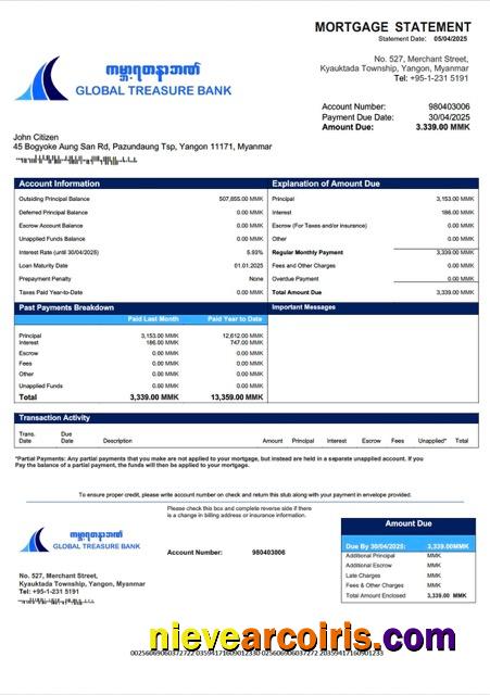 Myanmar Global Treasure Bank mortgage statement Word and PDF template